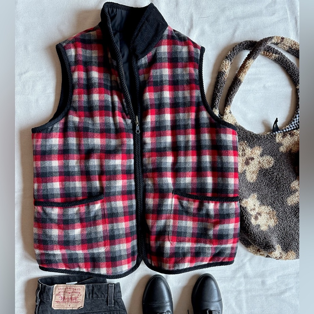 Vintage plaid wool reversible puffer vest coat jacket 90s